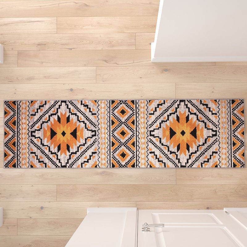 Masada Rugs Winslow Collection 2'x7' Southwestern Print Accent Runner Rug in Orange， White and Black with Cotton Backing