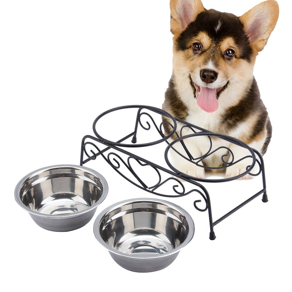 Stainless Steel Retro Iron Stand Double Dish Dog and Cat Elevated Feeder