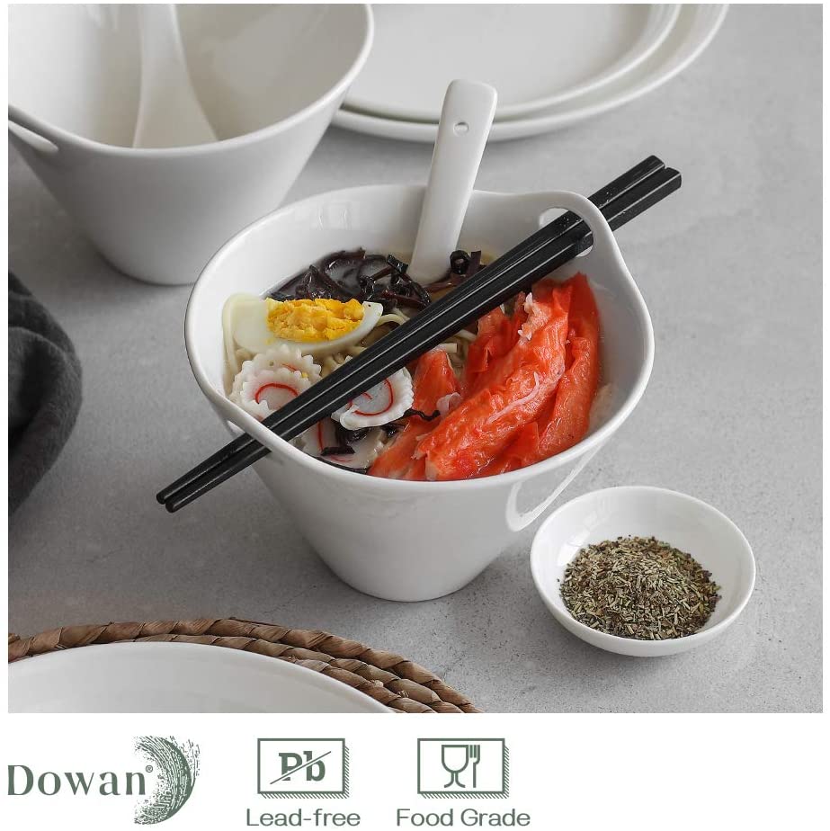 DOWAN Japanese 20 oz White Deep Pho Bowl Ramen Noodle Bowl with Chopsticks and Spoons， Set of 2 ， Dishwasher and Microwave Safe