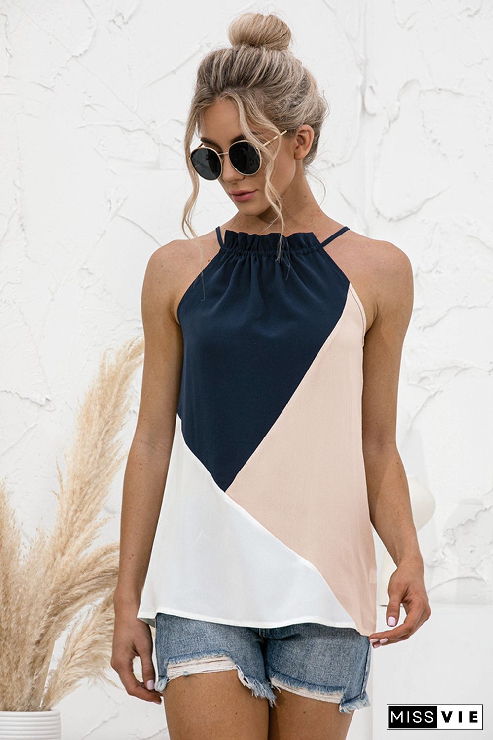 Color Block Halter Sleeveless Tank Top