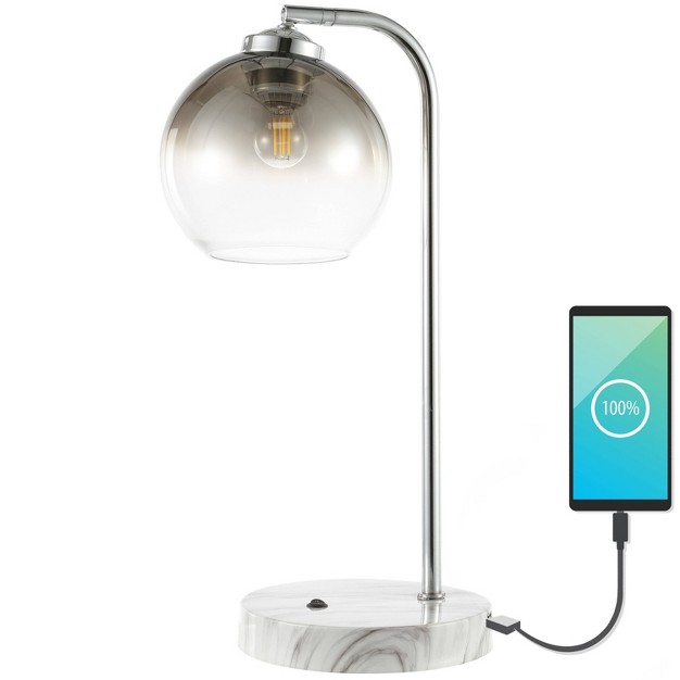 Ada Industrial Contemporary Iron glass Led Task Lamp With Usb Charging Port Chrome smoke Gray includes Led Light Bulb Jonathan Y