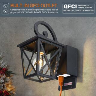 TRUE FINE Glendale 1-Light Black Hardwired Outdoor Wall Lantern Sconce with Built-In GFCI Outlets TD20016OT