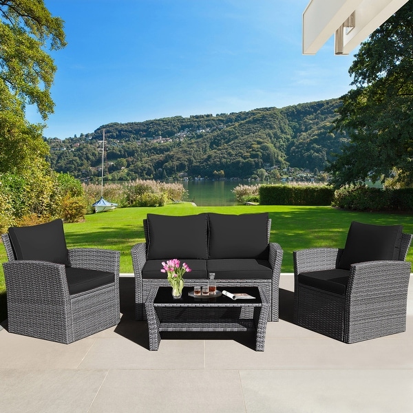 Gymax 4PCS Patio Rattan Conversation Set Outdoor Furniture Set w/