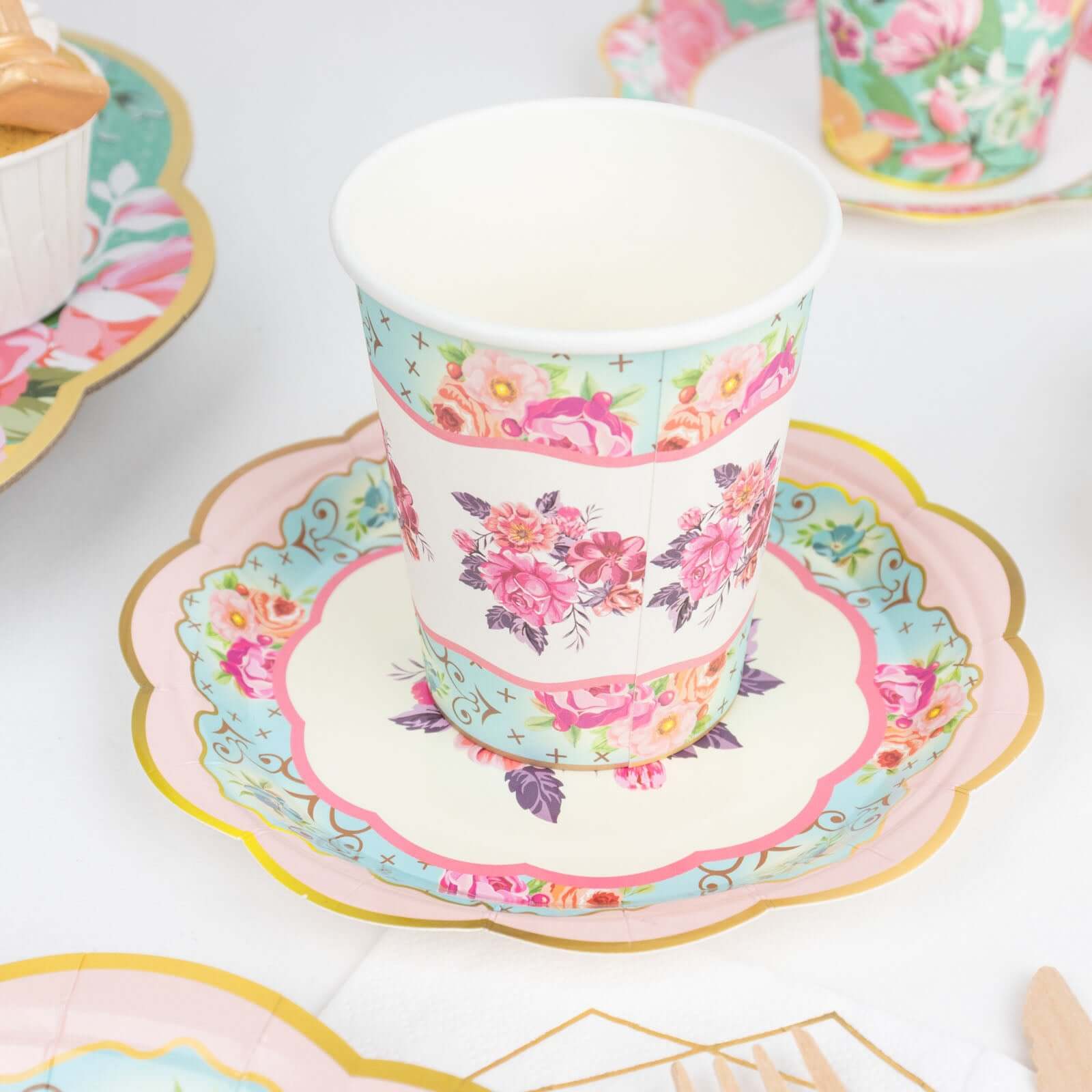 24 Pack Vintage Mixed Floral Paper Cup And Saucer Set, Disposable Tea Party Supplies Kit