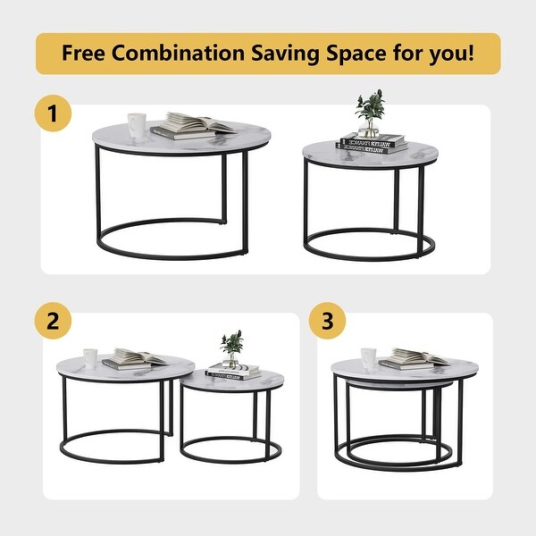 Round Nesting Coffee Table， White Modern Accent Wood Coffee Tables Set of 2， Faux Marble Coffee Table - as picture