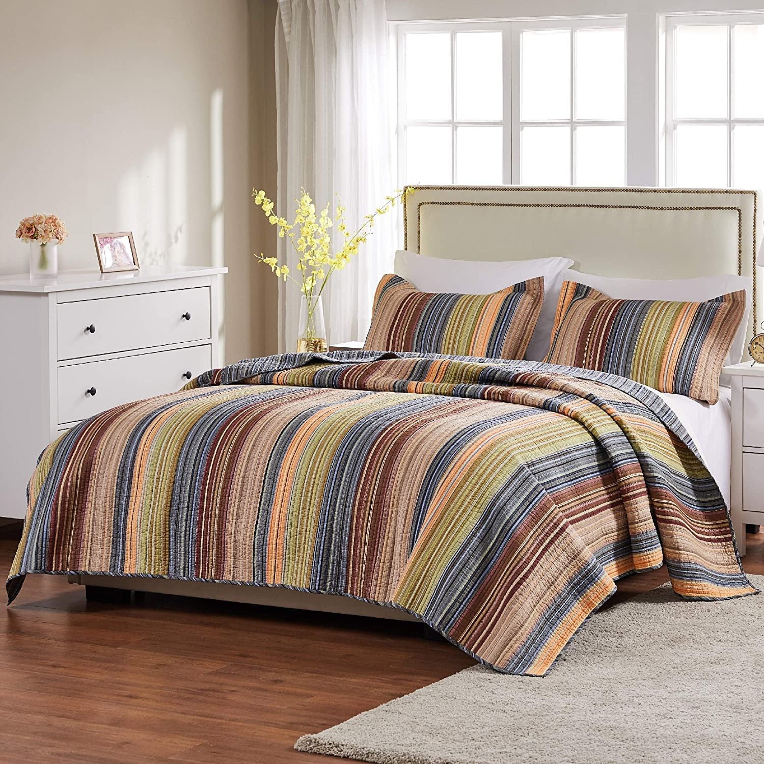 Greenland Home Fashions Katy Boho Stripe 100% Cotton Quilt and Pillow Sham Set， 2-Piece Twin/Twin XL