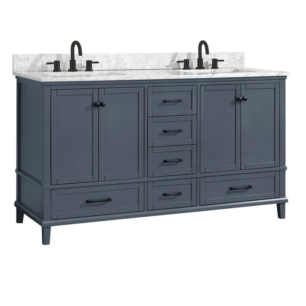 Home Decorators Collection Merryfield 61 in. W x 22 in. D x 35 in. H Freestanding Bath Vanity in Dark Blue-Gray with Carrara White Marble Top 19112-VS61-DG