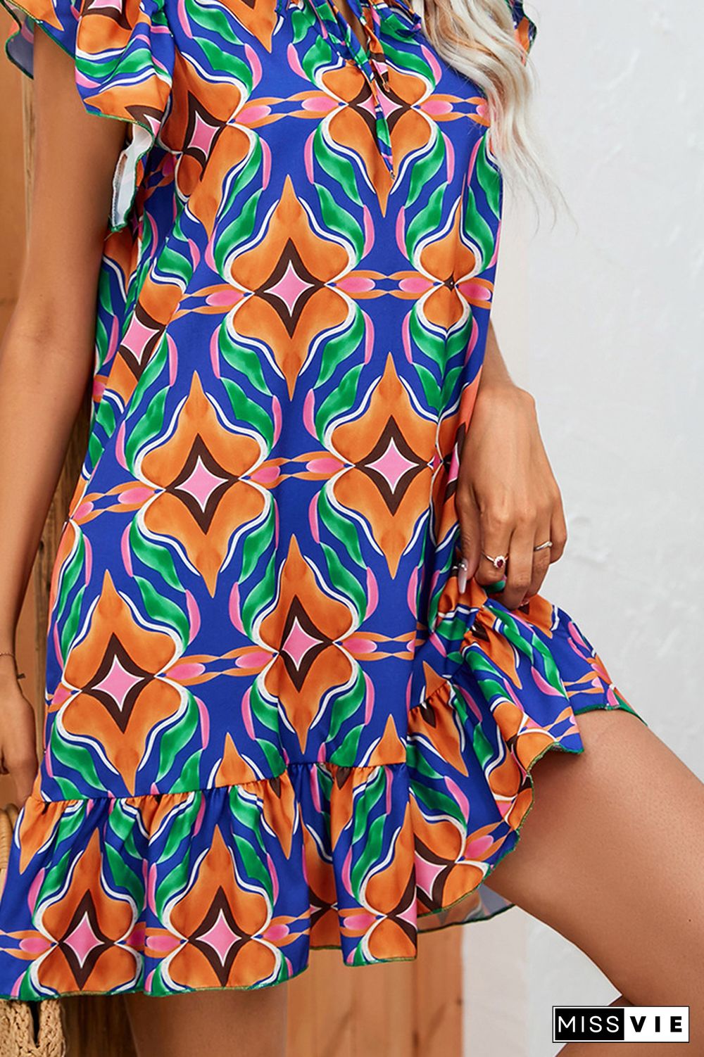 Frilled Split Collar Printed Ruffles Dress