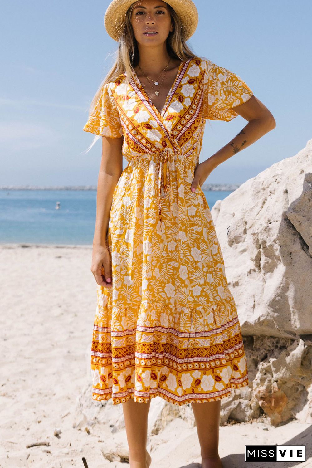 Yellow Floral Wrapped V Neck Tied Ruffled Sleeves Midi Dress