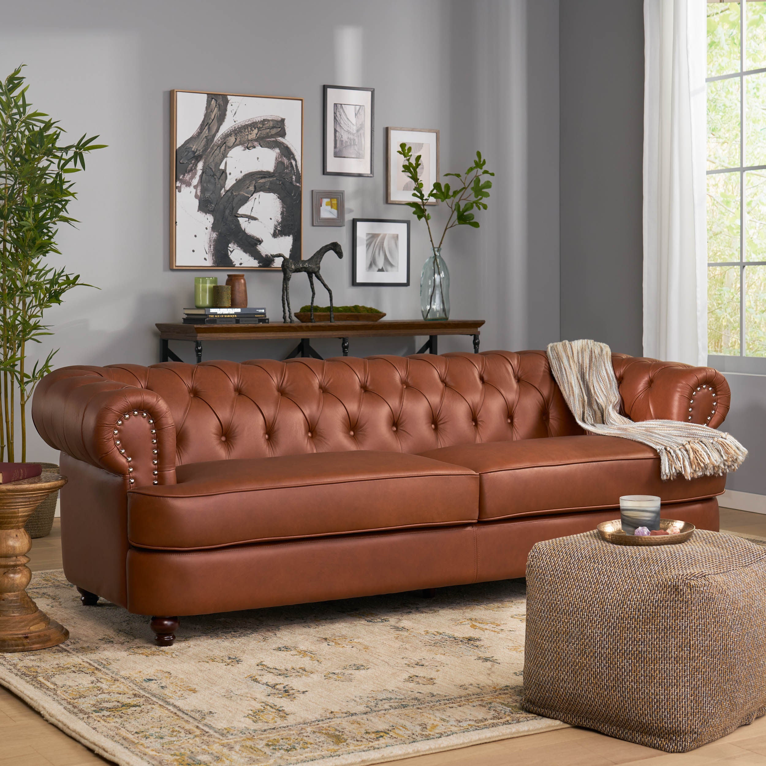 Saley Contemporary Leather Tufted 3 Seater Sofa with Nailhead Trim