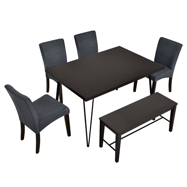 Modern 6 piece V shaped Metal Leg Dining Table Set With 4 Upholstered Chairs And 1 Bench Modernluxe