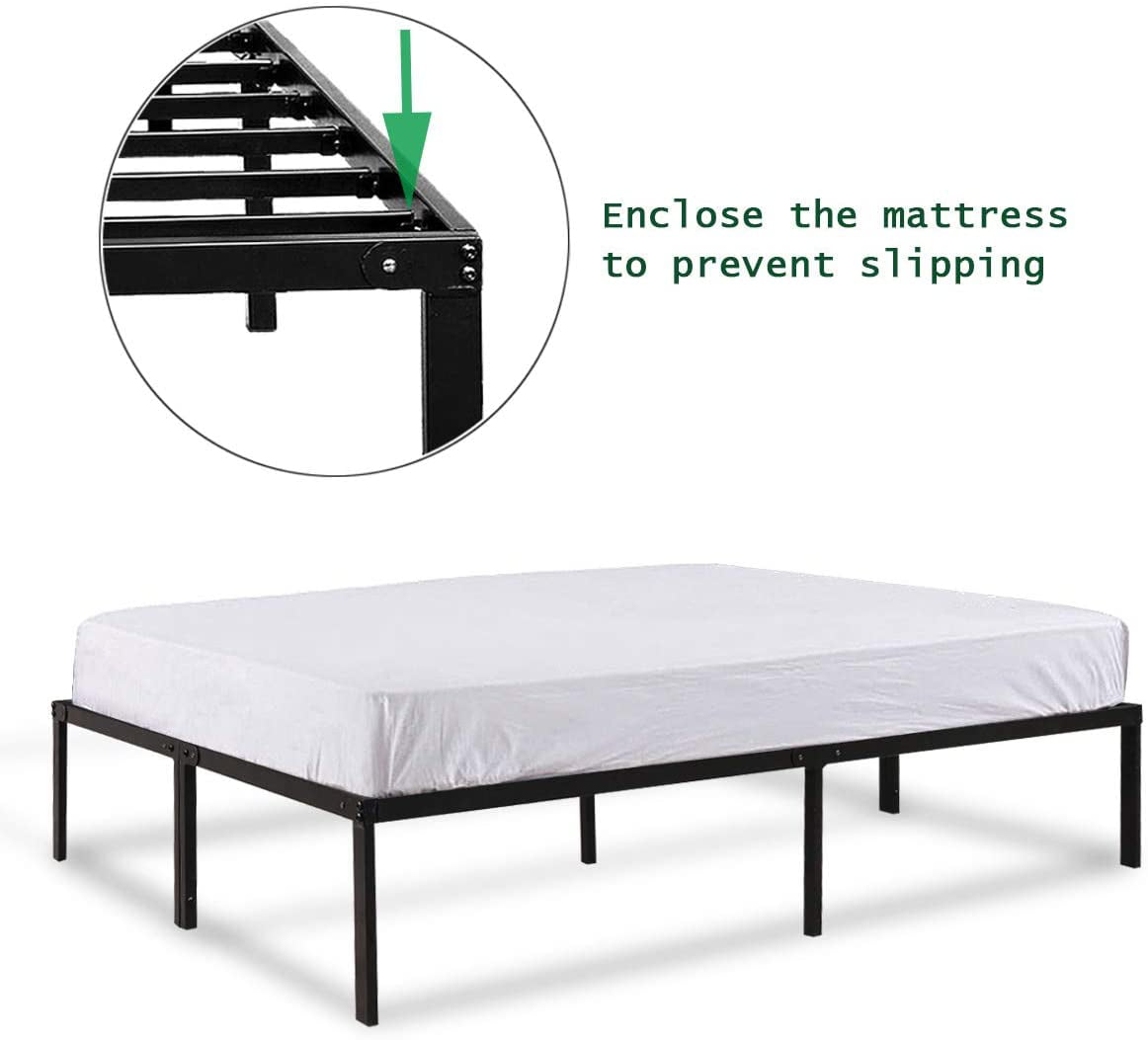 FOYUEE Platform Bed Frame Queen Size 14 inch Heavy Duty No Box Spring Needed Steel Slat Frames with Storage Black Metal