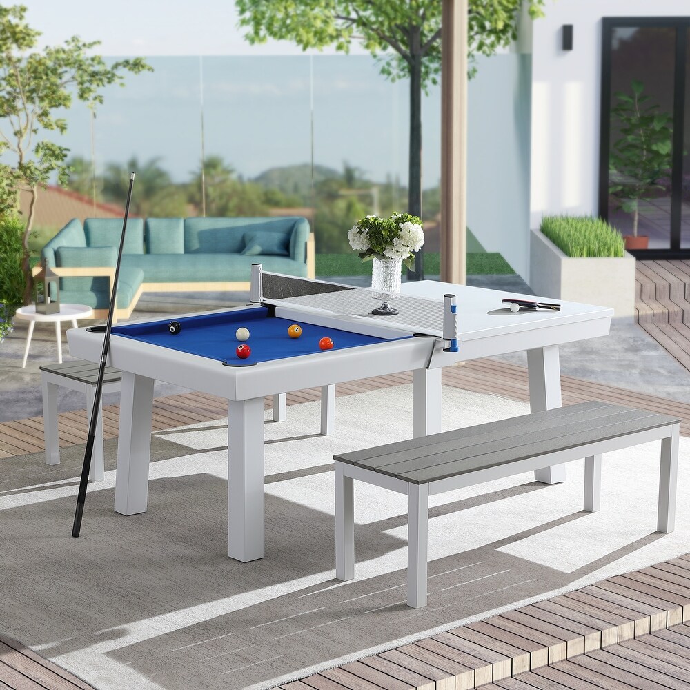 Norwalk Indoor/Outdoor 7ft Slate Pool Table Dining Set with 2 Benches   Accessories  White Finish