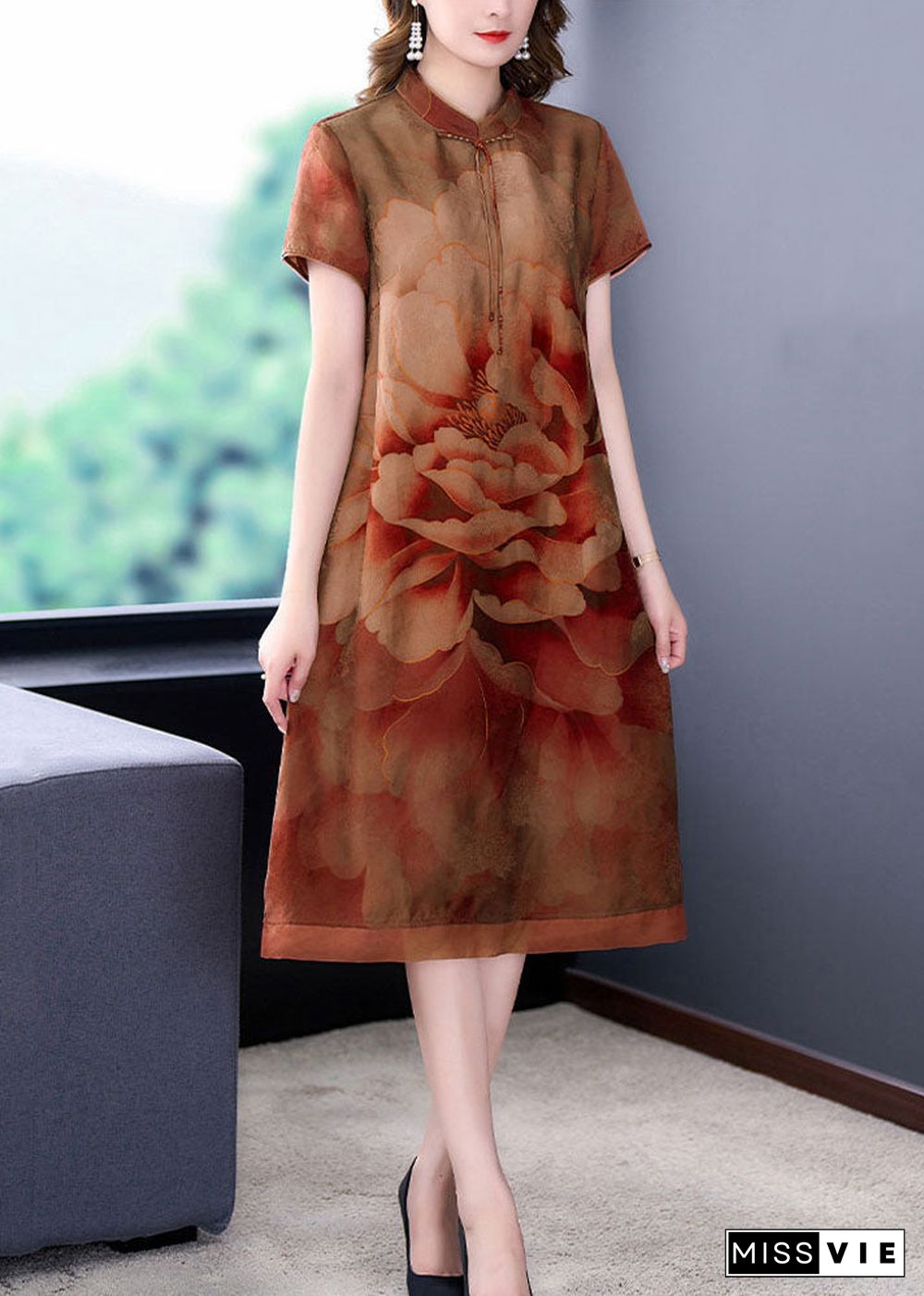 Yellow Print Patchwork Silk Dresses Stand Collar Summer