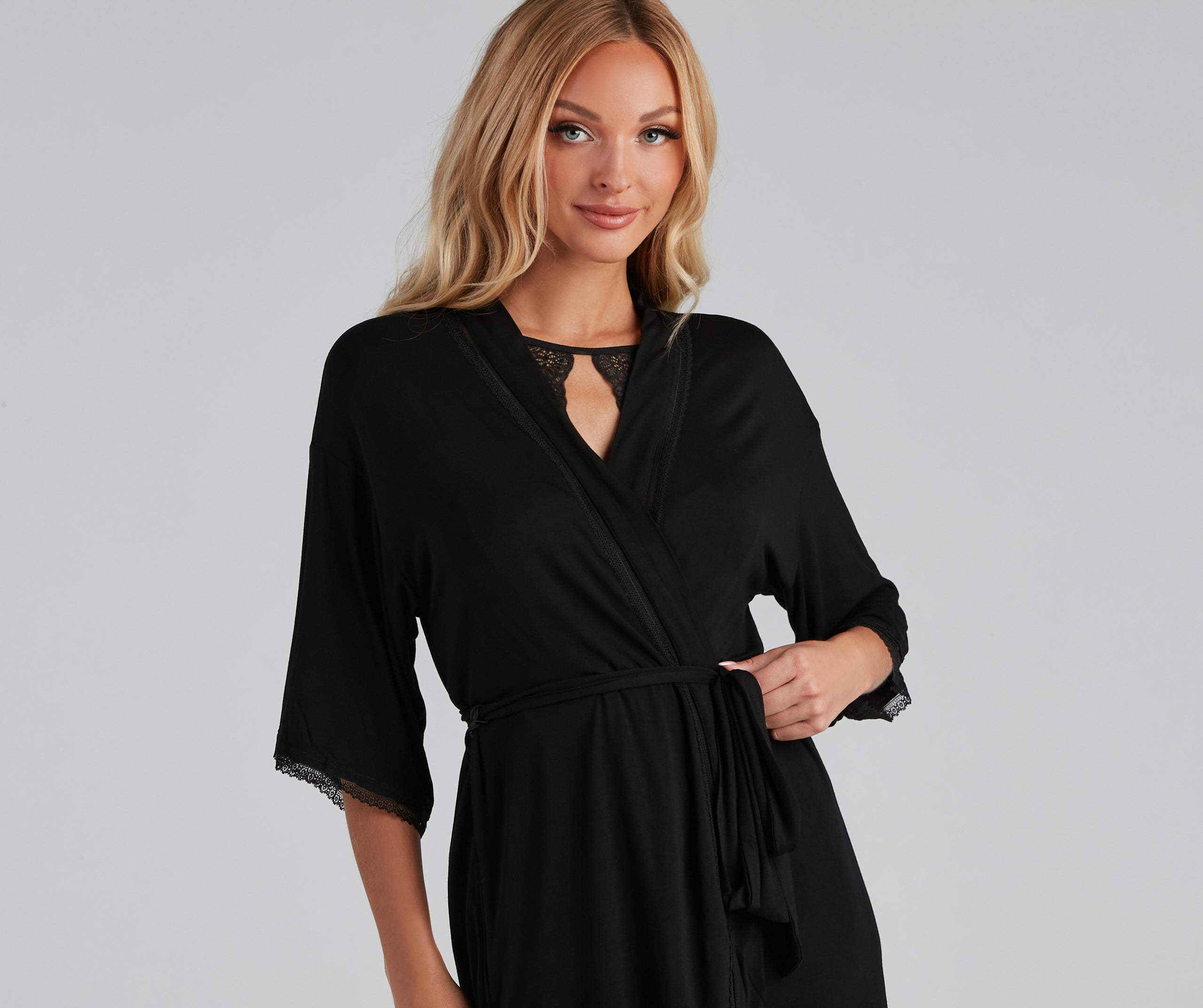 Wrapped In Lace Trim Knit Robe