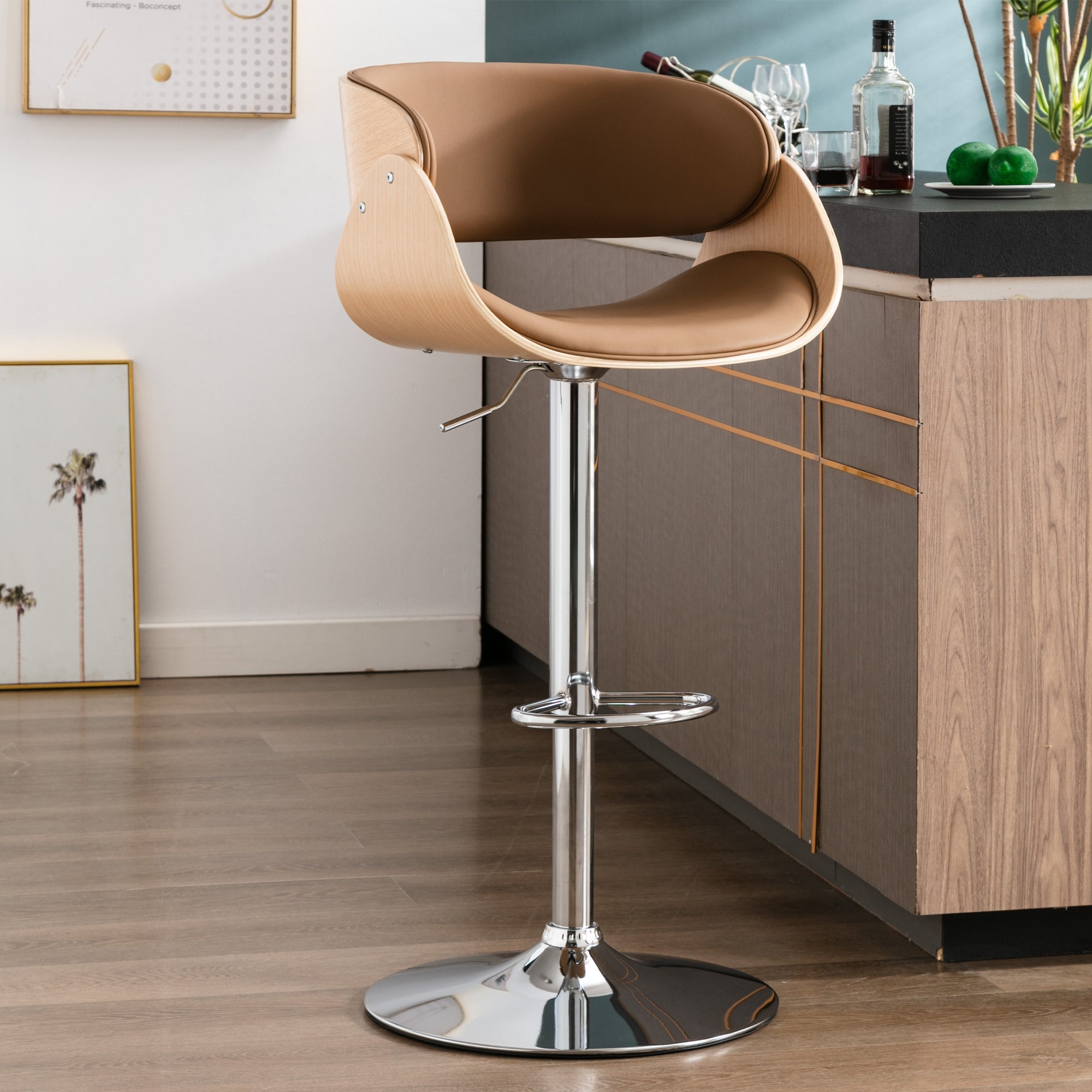 Adjustable/Swivel Bar Stool， PU Leather Ecru Bent wood Bar Chair