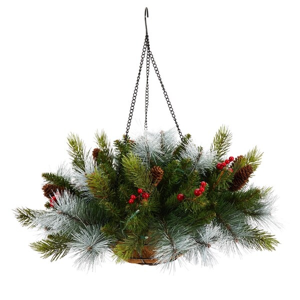 24 PreLit Pine and Berries Artificial Christmas Hanging Basket，LED Lights