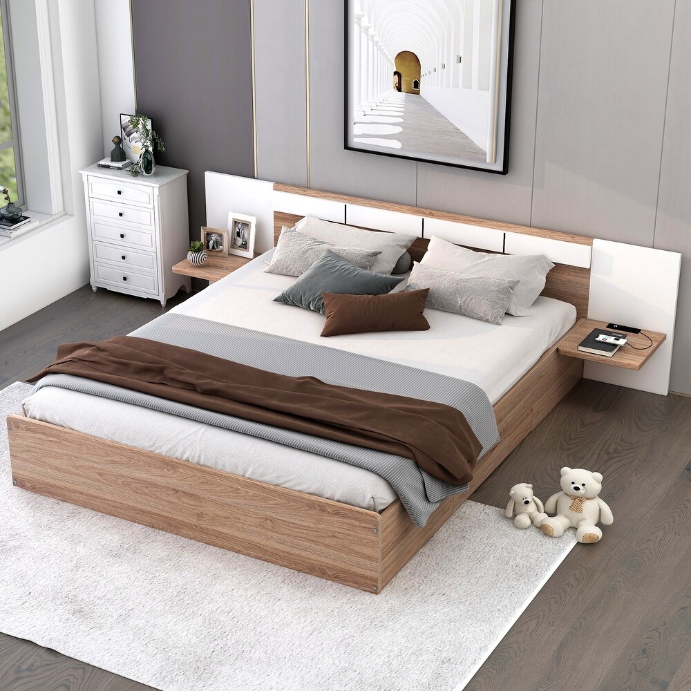 Queen Platform Bed with 2 Drawers  USB Ports   Sockets  Wooden Bed Frame with Extended Headboard   Storage Shelves for Bedroom