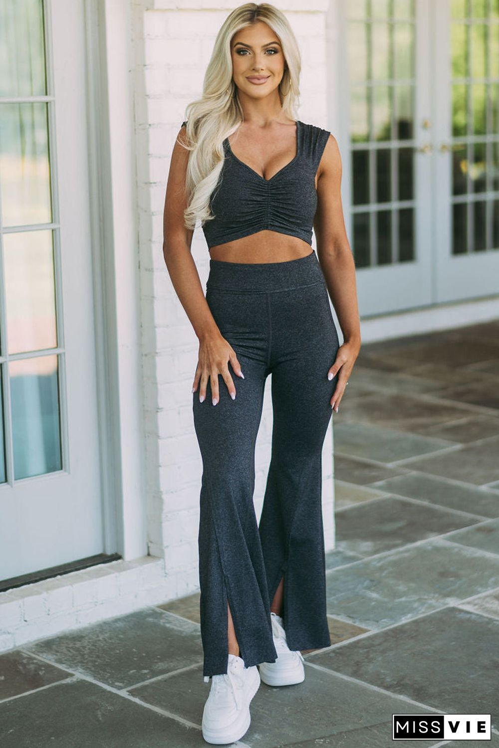 Carbon Grey Ruched Cropped Tank Split Flare Leg Pants Set