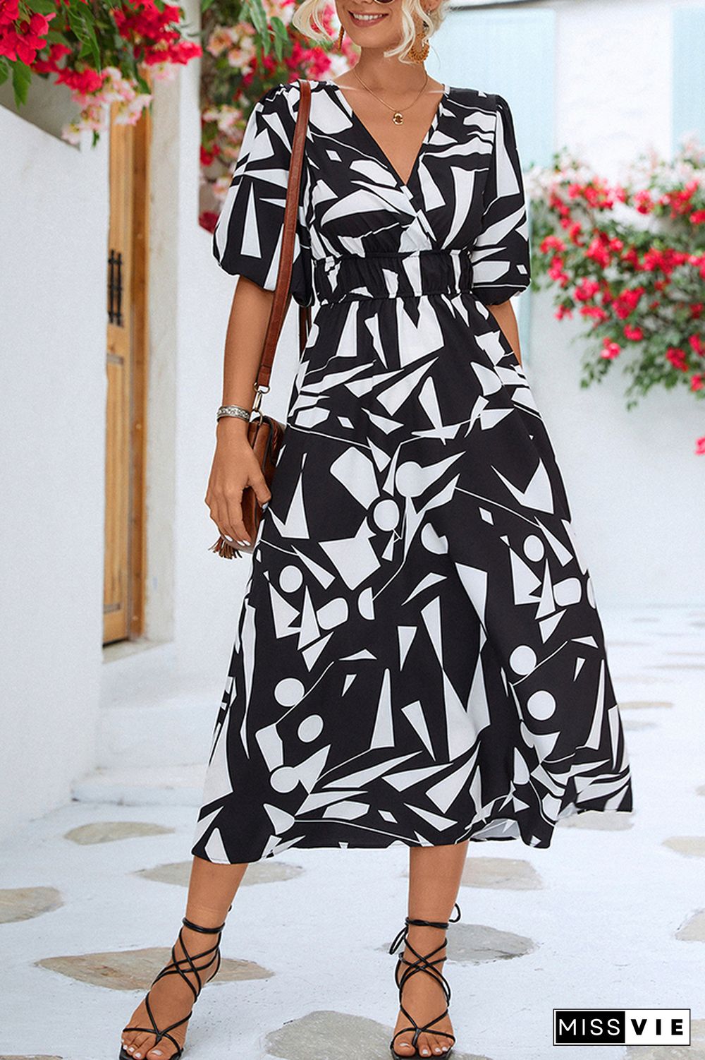 Wrap V Neck Geometric Print Bubble Sleeves Maxi Dress