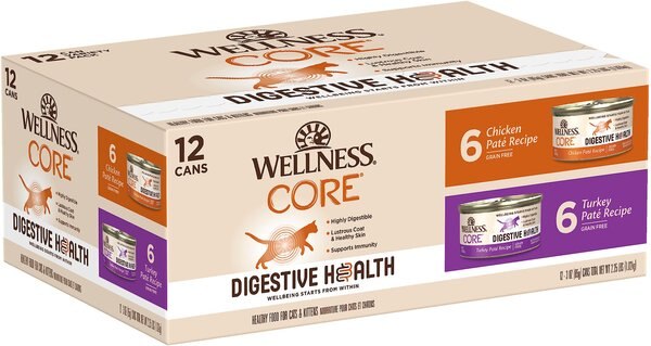 Wellness CORE Digestive Health Chicken and Turkey Pate Variety Pack Grain-Free Wet Cat Food， 3-oz， case of 12