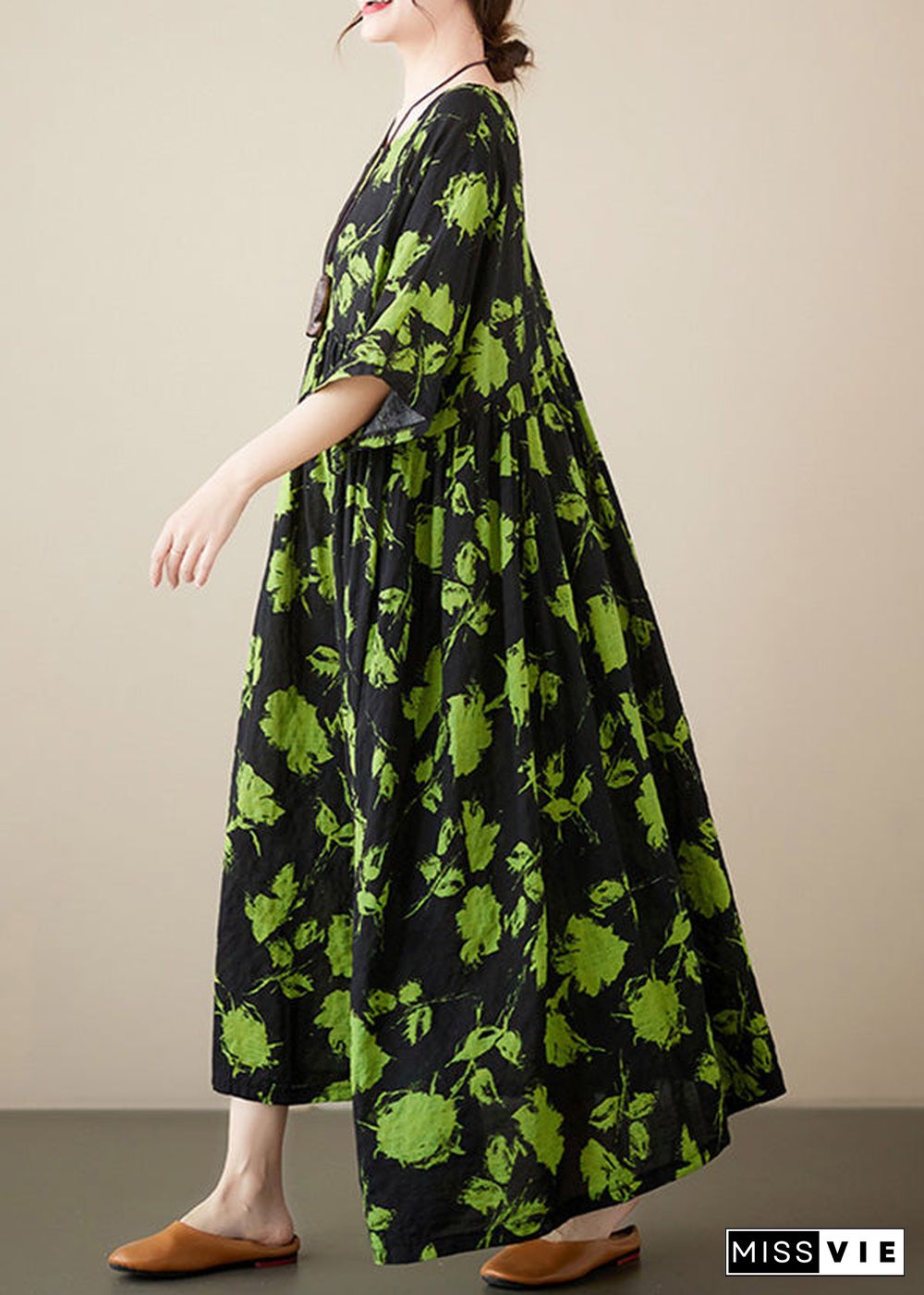 Loose Green Print Wrinkled Cotton Maxi Dresses Summer