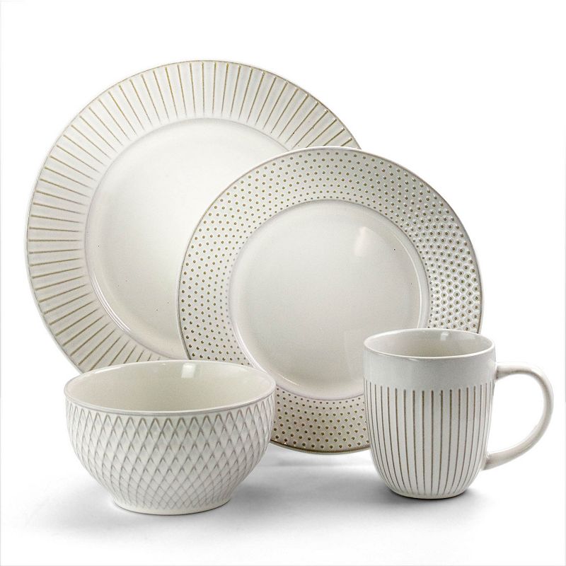 Elama Market Finds 16 Piece Round Stoneware Dinnerware Set in Embossed White