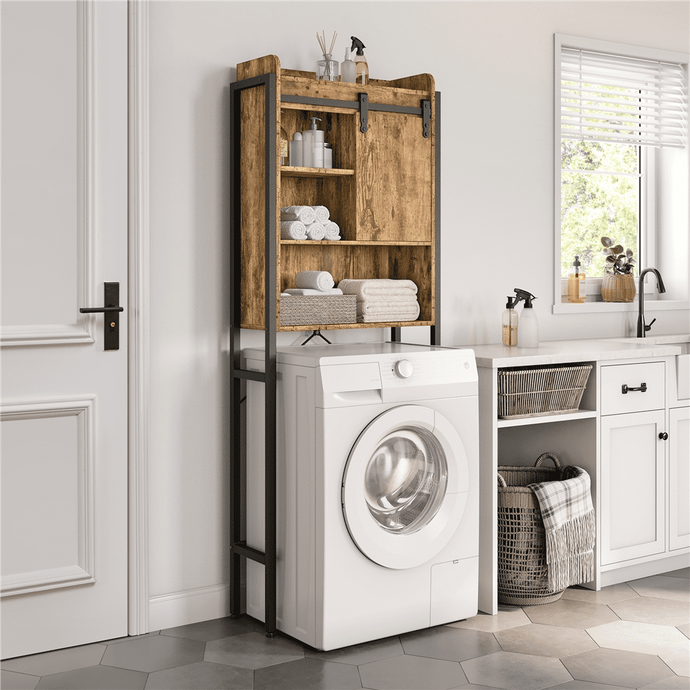 Yaheetech Industrial Style Over-The-Toilet Storage Cabinet with Cupboard and Open Shelves, Rustic Brown