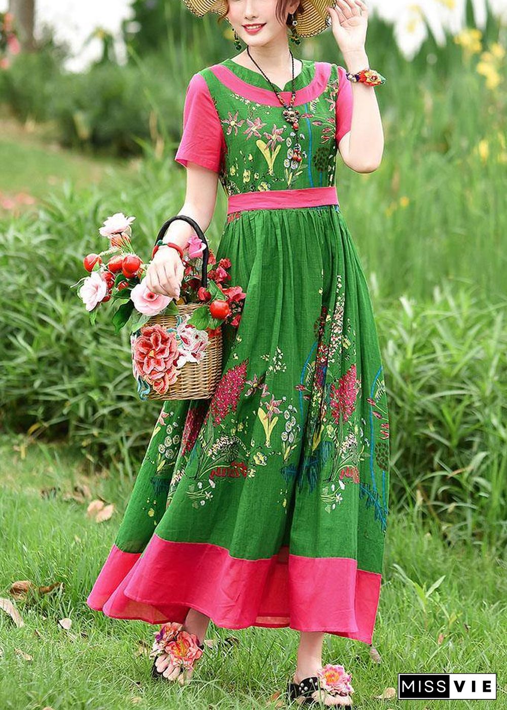 DIY tie waist patchwork cotton quilting dresses Runway green print Kaftan Dress summer