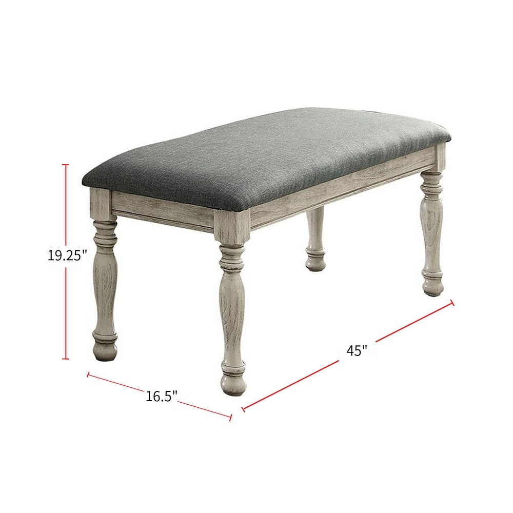 Fabric Padded Dining Bench in Antique White and Gray Finish