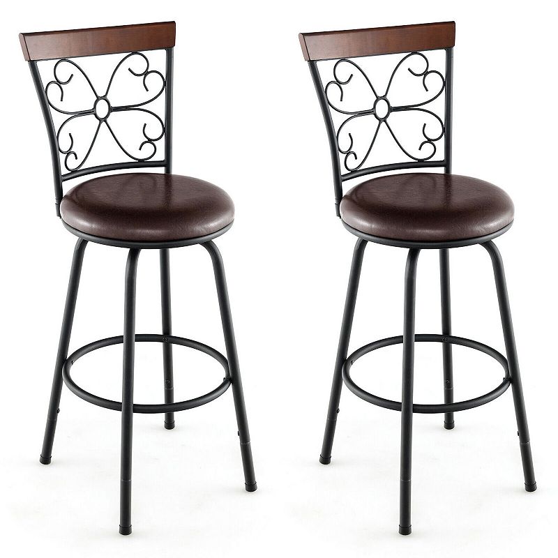 2 Pieces 24-30 Inch Adjustable PU Cushioned Swivel Barstools-Brown