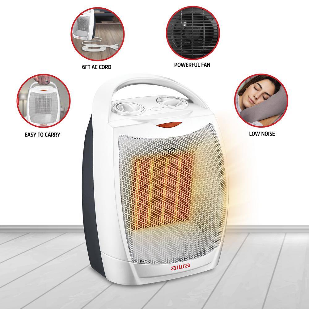 AIWA 10.2 in. Electric Portable Room Ceramic Heater with Handle Overheat Protection Tip Over Auto Shutoff 1500-Watt WSH3-1001-WHT