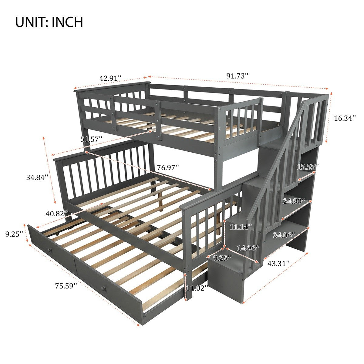 VIRUBI Twin over Full Bunk Bed with Twin Trundle, Storage Shelves, Full-Length Guardrail and Stairs, Multiple Colors