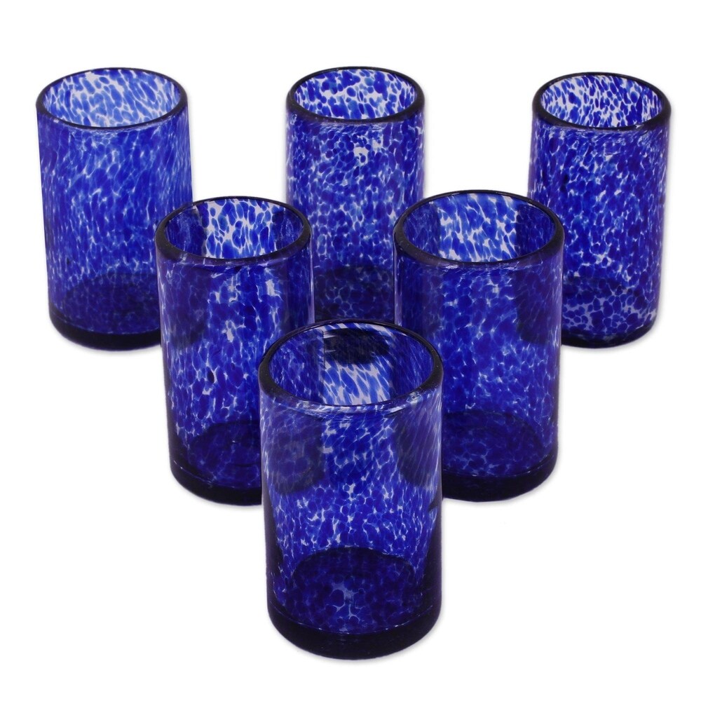 NOVICA Artisan Handblown Recycled Drinking Glasses Unique Water Tumblers Blue Mexican Tableware 'Marine'(Set of 6)