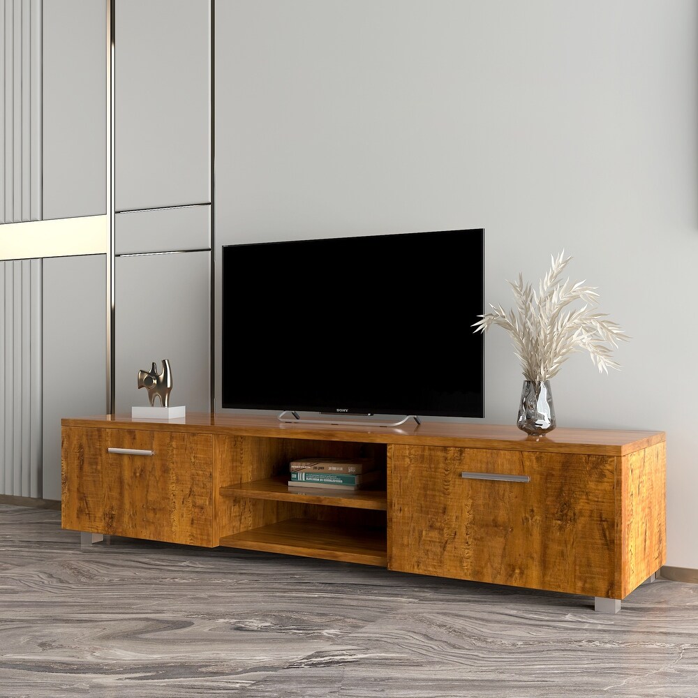 Wood Storage TV Stand  2 Storage Cabinet and Open Shelves  Entertainment Center for Up to 70\