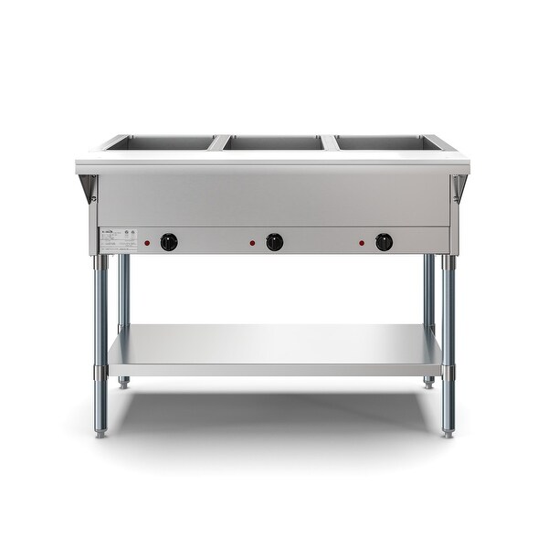 3-Pan Open Well Commercial Electric Stainless Steel Steam Table with Undershelf， Warming Control Knobs， and Front Serving Area