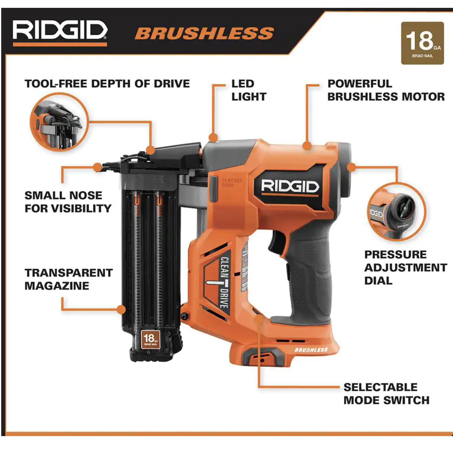 Ridgid 18V Brushless Cordless 18-Gauge 2-1/8 in. Brad Nailer with 18V Cordless 5 in. Random Orbit Sander， Tools Only (R09891B-R8606B)