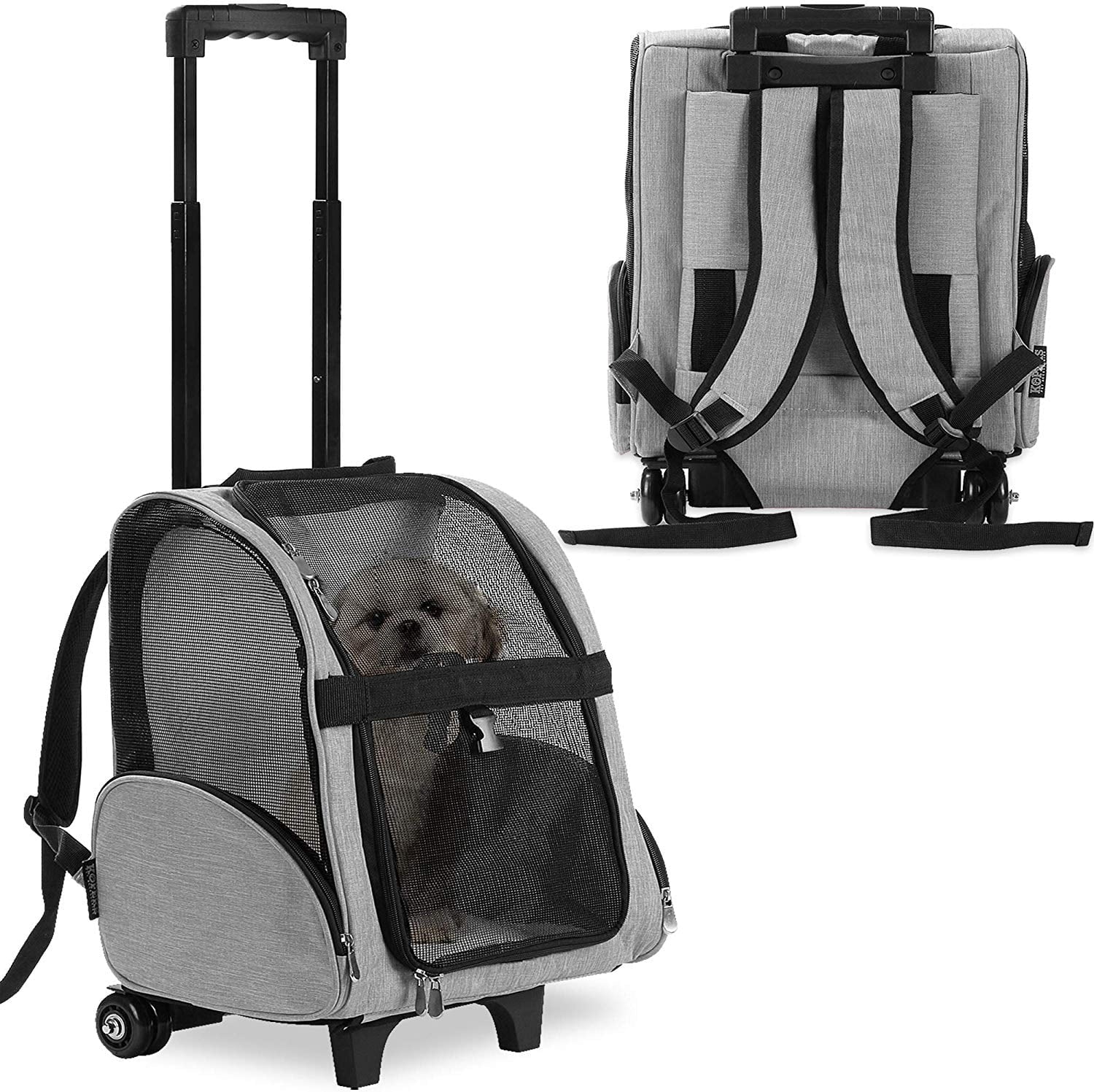 KOPEKS Deluxe Backpack Pet Travel Carrier with Wheels - Heather Gray - Approved by Most Airlines - Large