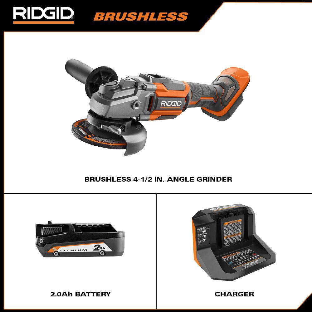 RIDGID 18V OCTANE Brushless Cordless 4-12 in. Angle Grinder Kit with 18V Lithium-Ion 2.0 Ah Battery and Charger R86042B-AC9302