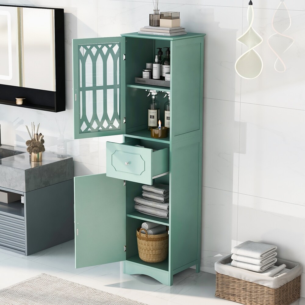 Tall Bathroom Cabinet Freestanding Linen Tower Storage Cabinet  Floor Shelving Storage Cabinet with Adjustable Shelf and Doors