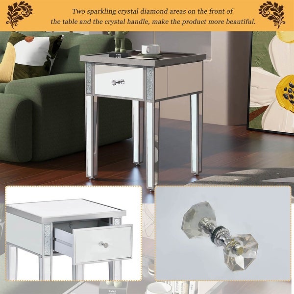 Silver Glass Mirrored End Table with Drawer and Adjustable Height Legs