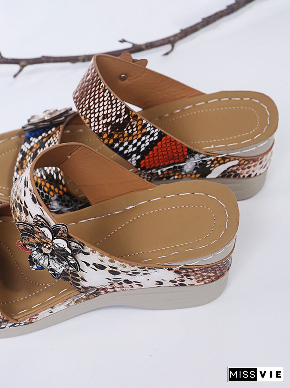 3D Floral Snake Print Wedge Sandals Slippers