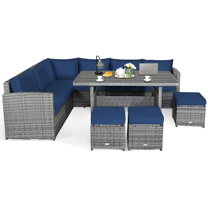 7 Pcs Rattan Patio Dining Furniture Sectional Sofa Set with Dining Table, Ottomans & Cushions