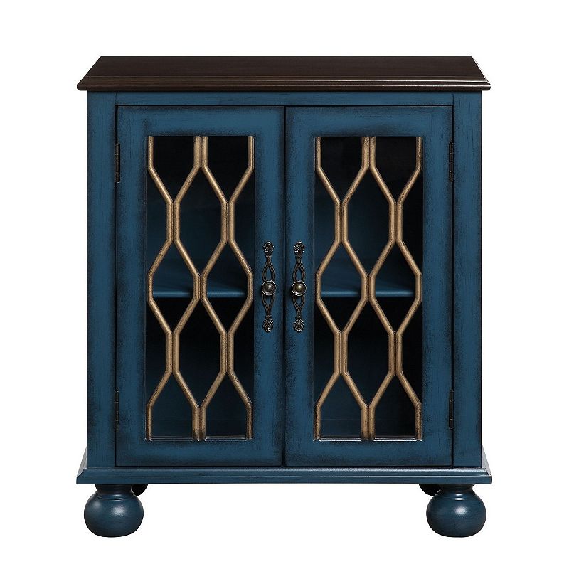 Console Table with Trellis Pattern Door and 1 Shelf， Antique Blue