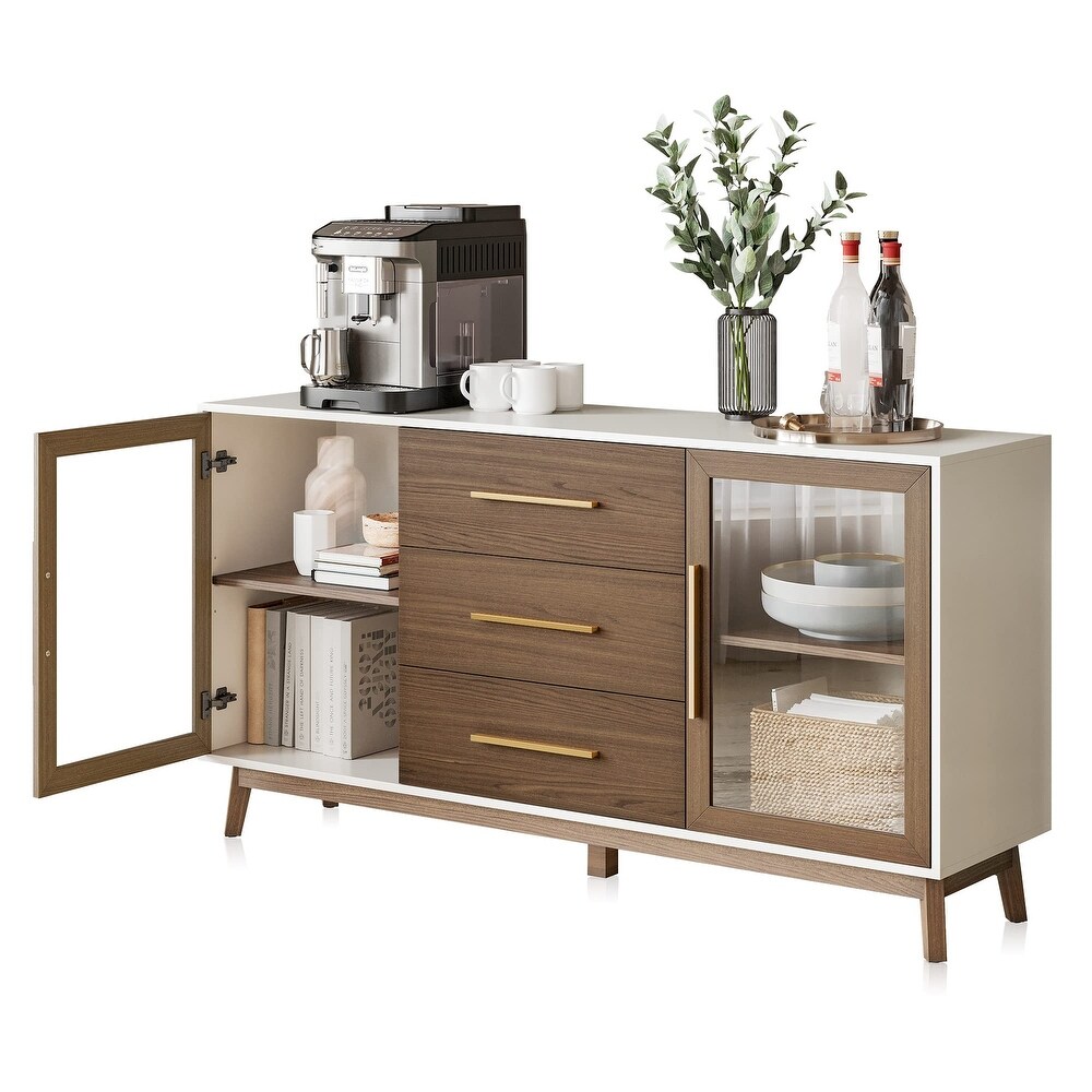 Sideboard Buffet Cabinet with 3 Drawers   2 Doors  Kitchen Console Table  Glass Storage Cabinet Coffee Bar Accent Cabinet