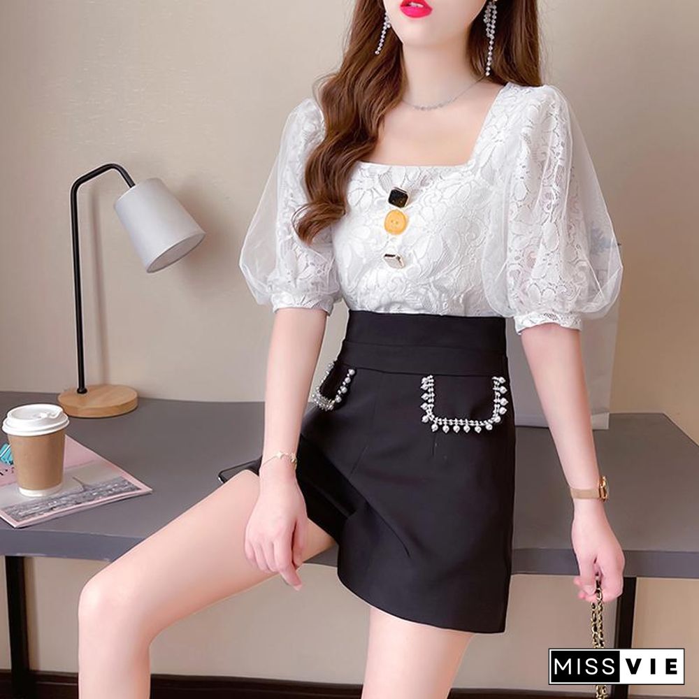 Puff Sleeve Lace Tee+Shorts P14297