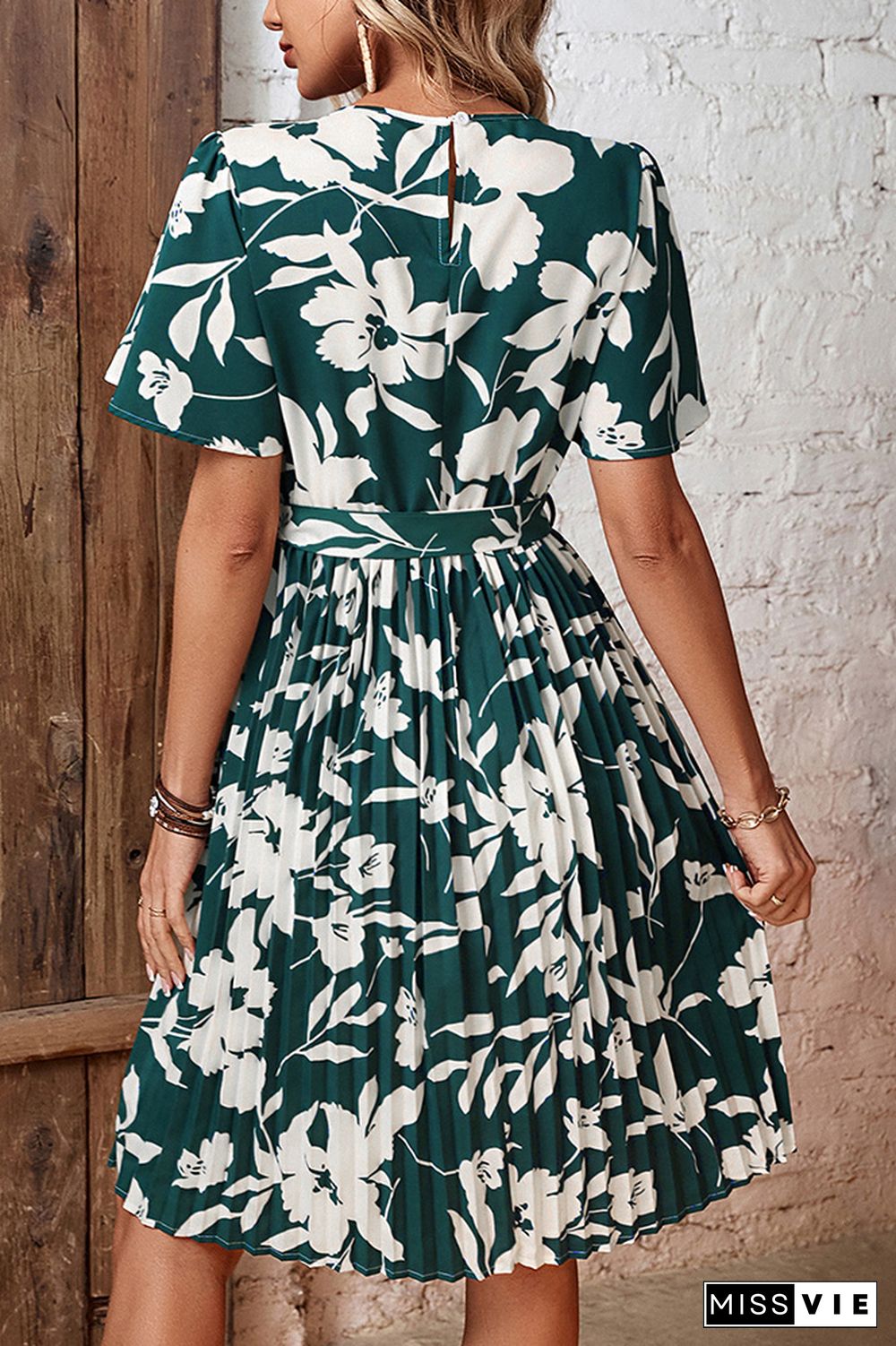 Green Floral Flare Sleeves Pleated Midi Dress