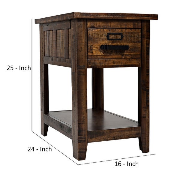 Side Table with 1 Drawer and Plank Style， Rustic Brown