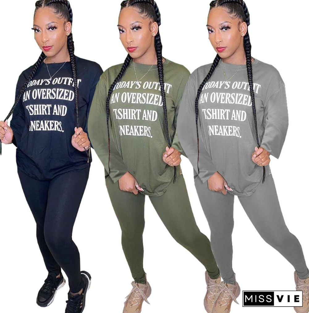 Women Letter Printed Tracksuit Pullover Pants 2 Pieces Set