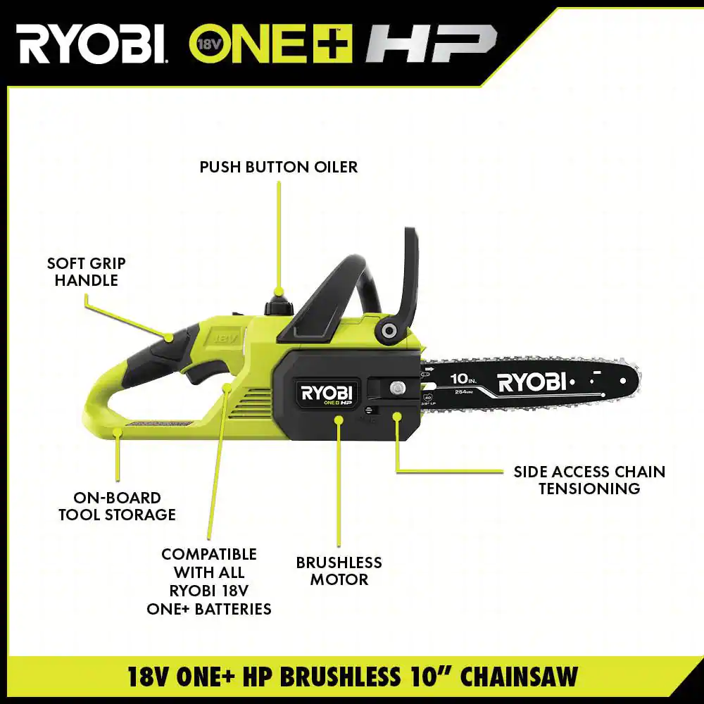 RYOBI P2520 ONE+ HP 18V Brushless 10 in. Cordless Battery Chainsaw， Battery and Charger